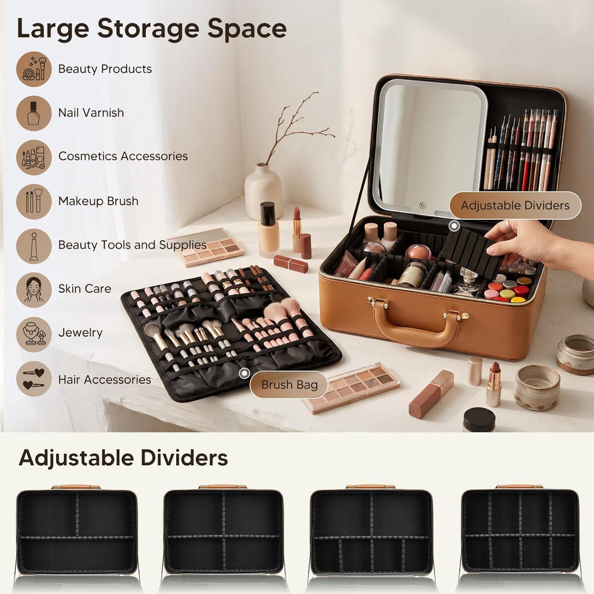 Leather Makeup Case with LED Lighted Mirror 11.4 Inch Travel Makeup Bag Adjustable Brightness in 3 Colors Cosmetic Organizer Artist Storage Bag with Dividers Brush Holder Bag Vanity White