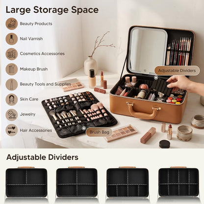 Leather Makeup Case with LED Lighted Mirror 11.4 Inch Travel Makeup Bag Adjustable Brightness in 3 Colors Cosmetic Organizer Artist Storage Bag with Dividers Brush Holder Bag Vanity White