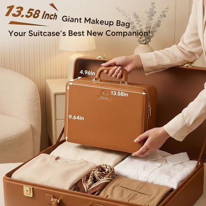 Leather Makeup Case with LED Lighted Mirror 11.4 Inch Travel Makeup Bag Adjustable Brightness in 3 Colors Cosmetic Organizer Artist Storage Bag with Dividers Brush Holder Bag Vanity White