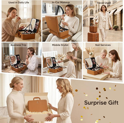 Leather Makeup Case with LED Lighted Mirror 11.4 Inch Travel Makeup Bag Adjustable Brightness in 3 Colors Cosmetic Organizer Artist Storage Bag with Dividers Brush Holder Bag Vanity White