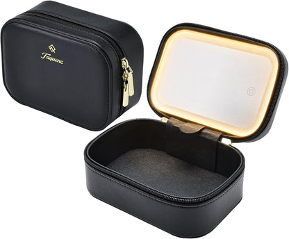 Leather Makeup Case with LED Lighted Mirror 11.4 Inch Travel Makeup Bag Adjustable Brightness in 3 Colors Cosmetic Organizer Artist Storage Bag with Dividers Brush Holder Bag Vanity White