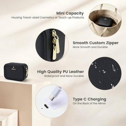 Leather Makeup Case with LED Lighted Mirror 11.4 Inch Travel Makeup Bag Adjustable Brightness in 3 Colors Cosmetic Organizer Artist Storage Bag with Dividers Brush Holder Bag Vanity White