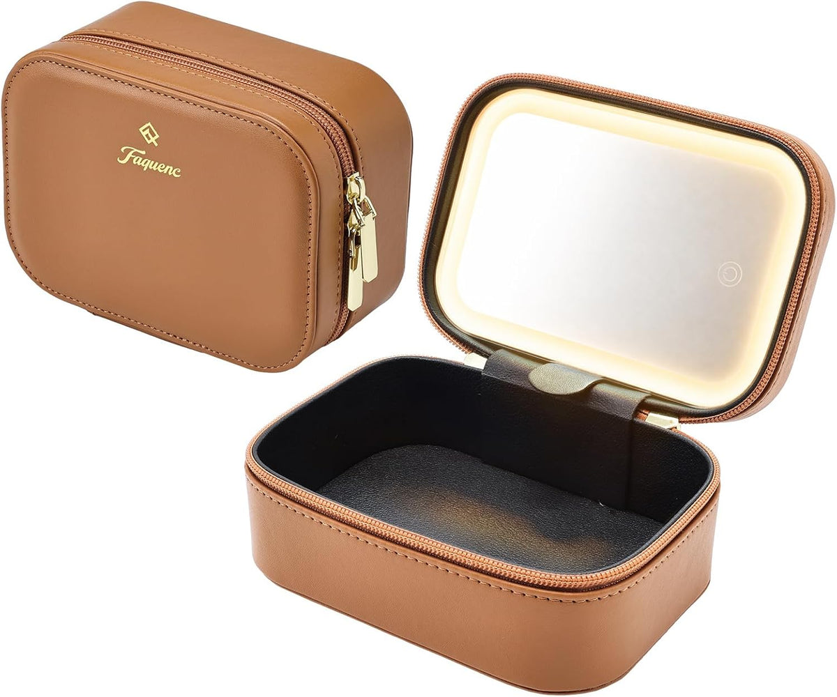 Leather Makeup Case with LED Lighted Mirror 11.4 Inch Travel Makeup Bag Adjustable Brightness in 3 Colors Cosmetic Organizer Artist Storage Bag with Dividers Brush Holder Bag Vanity White