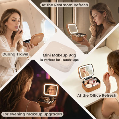 Leather Makeup Case with LED Lighted Mirror 11.4 Inch Travel Makeup Bag Adjustable Brightness in 3 Colors Cosmetic Organizer Artist Storage Bag with Dividers Brush Holder Bag Vanity White
