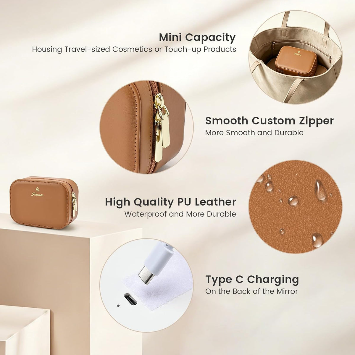 Leather Makeup Case with LED Lighted Mirror 11.4 Inch Travel Makeup Bag Adjustable Brightness in 3 Colors Cosmetic Organizer Artist Storage Bag with Dividers Brush Holder Bag Vanity White