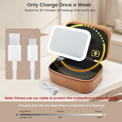 Leather Makeup Case with LED Lighted Mirror 11.4 Inch Travel Makeup Bag Adjustable Brightness in 3 Colors Cosmetic Organizer Artist Storage Bag with Dividers Brush Holder Bag Vanity White