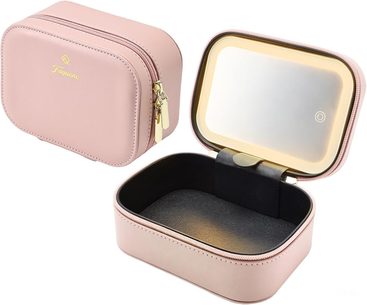 Leather Makeup Case with LED Lighted Mirror 11.4 Inch Travel Makeup Bag Adjustable Brightness in 3 Colors Cosmetic Organizer Artist Storage Bag with Dividers Brush Holder Bag Vanity White