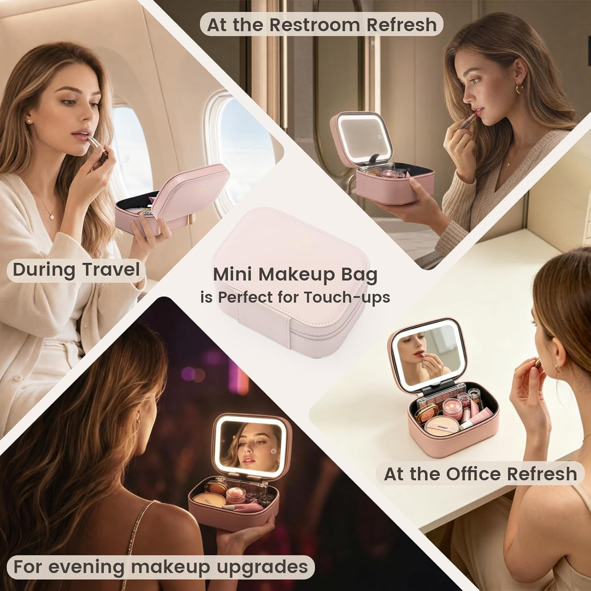 Leather Makeup Case with LED Lighted Mirror 11.4 Inch Travel Makeup Bag Adjustable Brightness in 3 Colors Cosmetic Organizer Artist Storage Bag with Dividers Brush Holder Bag Vanity White