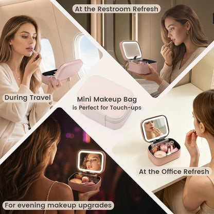 Leather Makeup Case with LED Lighted Mirror 11.4 Inch Travel Makeup Bag Adjustable Brightness in 3 Colors Cosmetic Organizer Artist Storage Bag with Dividers Brush Holder Bag Vanity White