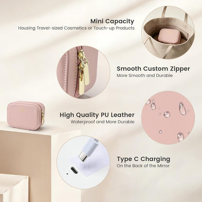 Leather Makeup Case with LED Lighted Mirror 11.4 Inch Travel Makeup Bag Adjustable Brightness in 3 Colors Cosmetic Organizer Artist Storage Bag with Dividers Brush Holder Bag Vanity White
