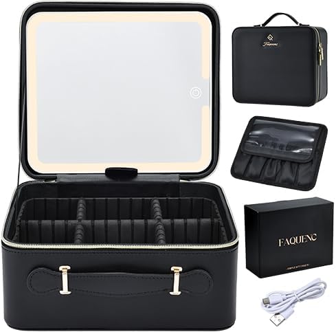 Leather Makeup Case with LED Lighted Mirror 11.4 Inch Travel Makeup Bag Adjustable Brightness in 3 Colors Cosmetic Organizer Artist Storage Bag with Dividers Brush Holder Bag Vanity White