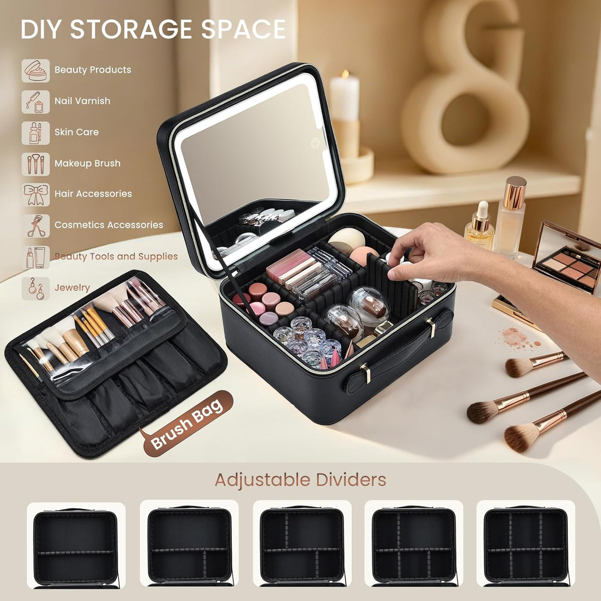 Leather Makeup Case with LED Lighted Mirror 11.4 Inch Travel Makeup Bag Adjustable Brightness in 3 Colors Cosmetic Organizer Artist Storage Bag with Dividers Brush Holder Bag Vanity White