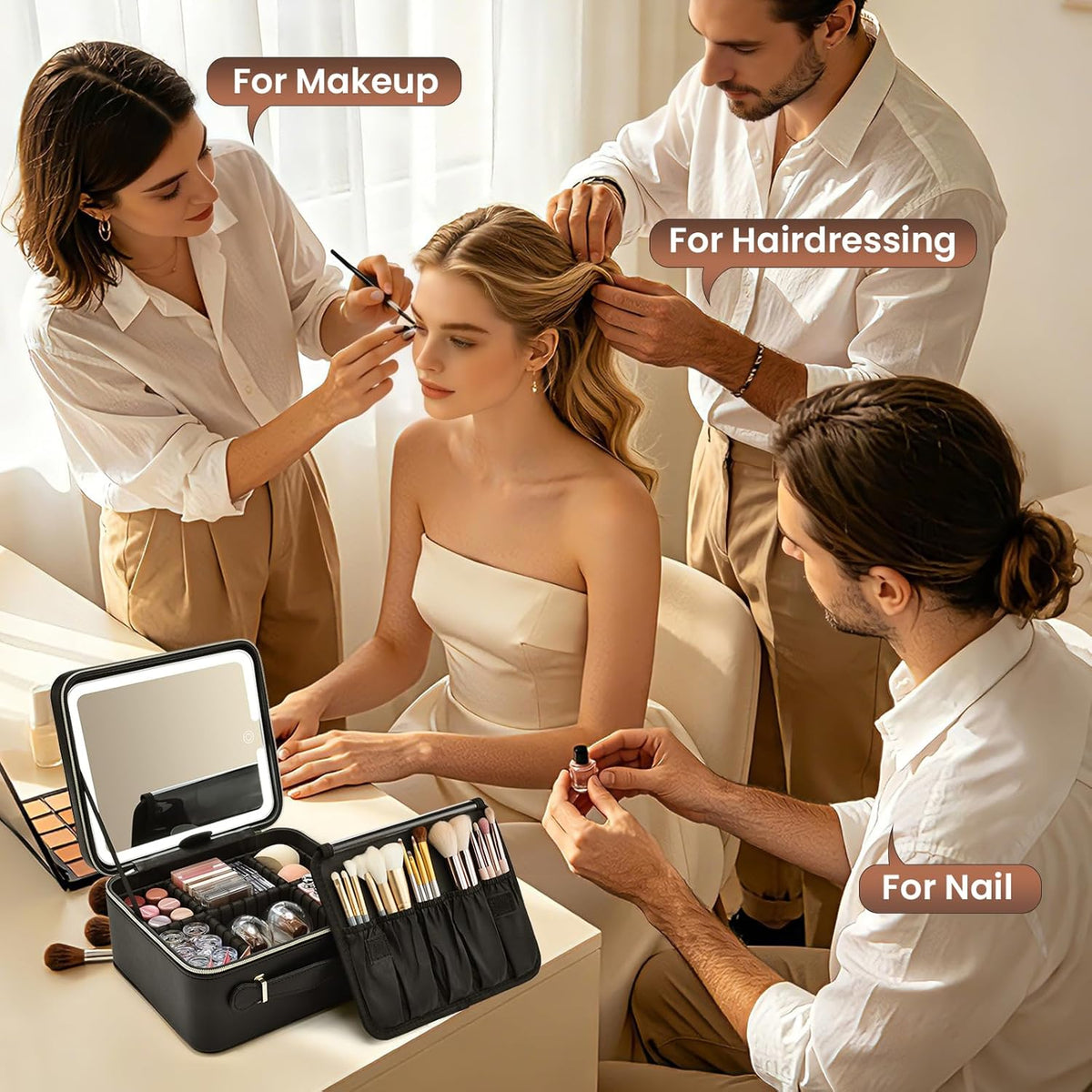 Leather Makeup Case with LED Lighted Mirror 11.4 Inch Travel Makeup Bag Adjustable Brightness in 3 Colors Cosmetic Organizer Artist Storage Bag with Dividers Brush Holder Bag Vanity White