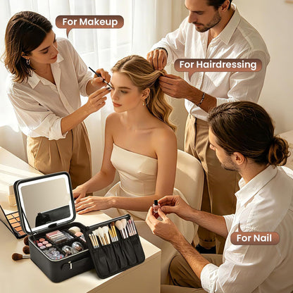 Leather Makeup Case with LED Lighted Mirror 11.4 Inch Travel Makeup Bag Adjustable Brightness in 3 Colors Cosmetic Organizer Artist Storage Bag with Dividers Brush Holder Bag Vanity White