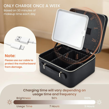 Leather Makeup Case with LED Lighted Mirror 11.4 Inch Travel Makeup Bag Adjustable Brightness in 3 Colors Cosmetic Organizer Artist Storage Bag with Dividers Brush Holder Bag Vanity White