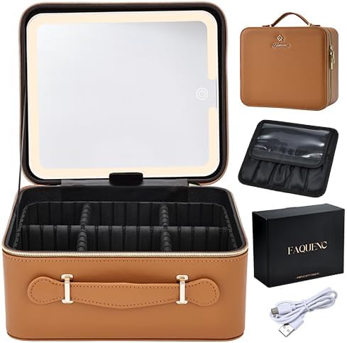 Leather Makeup Case with LED Lighted Mirror 11.4 Inch Travel Makeup Bag Adjustable Brightness in 3 Colors Cosmetic Organizer Artist Storage Bag with Dividers Brush Holder Bag Vanity White