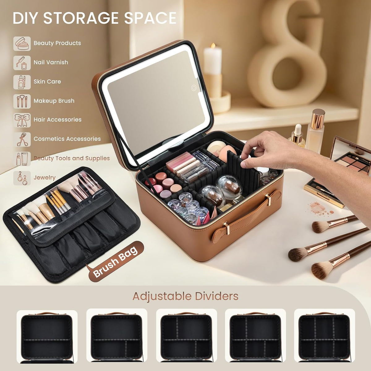 Leather Makeup Case with LED Lighted Mirror 11.4 Inch Travel Makeup Bag Adjustable Brightness in 3 Colors Cosmetic Organizer Artist Storage Bag with Dividers Brush Holder Bag Vanity White