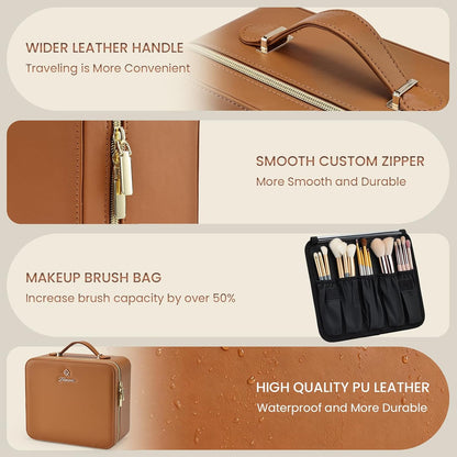Leather Makeup Case with LED Lighted Mirror 11.4 Inch Travel Makeup Bag Adjustable Brightness in 3 Colors Cosmetic Organizer Artist Storage Bag with Dividers Brush Holder Bag Vanity White