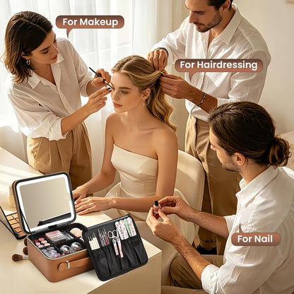 Leather Makeup Case with LED Lighted Mirror 11.4 Inch Travel Makeup Bag Adjustable Brightness in 3 Colors Cosmetic Organizer Artist Storage Bag with Dividers Brush Holder Bag Vanity White