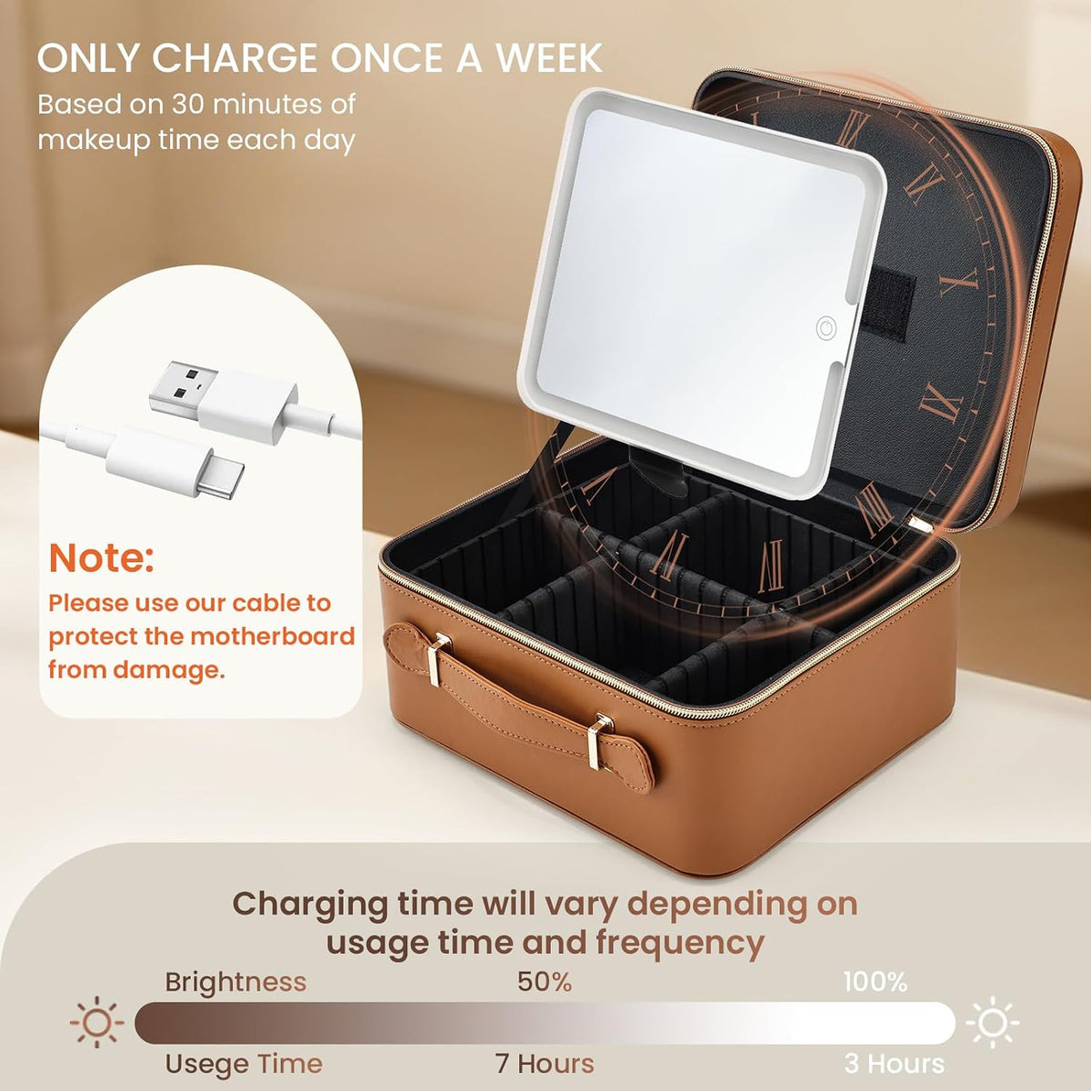 Leather Makeup Case with LED Lighted Mirror 11.4 Inch Travel Makeup Bag Adjustable Brightness in 3 Colors Cosmetic Organizer Artist Storage Bag with Dividers Brush Holder Bag Vanity White