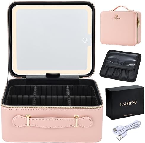 Leather Makeup Case with LED Lighted Mirror 11.4 Inch Travel Makeup Bag Adjustable Brightness in 3 Colors Cosmetic Organizer Artist Storage Bag with Dividers Brush Holder Bag Vanity White