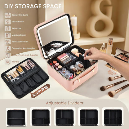 Leather Makeup Case with LED Lighted Mirror 11.4 Inch Travel Makeup Bag Adjustable Brightness in 3 Colors Cosmetic Organizer Artist Storage Bag with Dividers Brush Holder Bag Vanity White