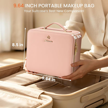 Leather Makeup Case with LED Lighted Mirror 11.4 Inch Travel Makeup Bag Adjustable Brightness in 3 Colors Cosmetic Organizer Artist Storage Bag with Dividers Brush Holder Bag Vanity White