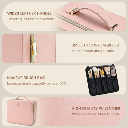 Leather Makeup Case with LED Lighted Mirror 11.4 Inch Travel Makeup Bag Adjustable Brightness in 3 Colors Cosmetic Organizer Artist Storage Bag with Dividers Brush Holder Bag Vanity White
