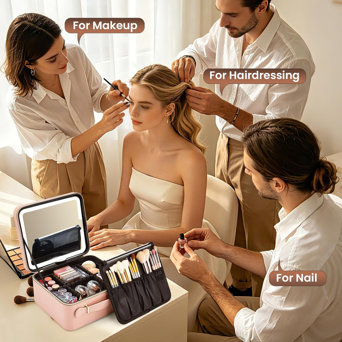 Leather Makeup Case with LED Lighted Mirror 11.4 Inch Travel Makeup Bag Adjustable Brightness in 3 Colors Cosmetic Organizer Artist Storage Bag with Dividers Brush Holder Bag Vanity White