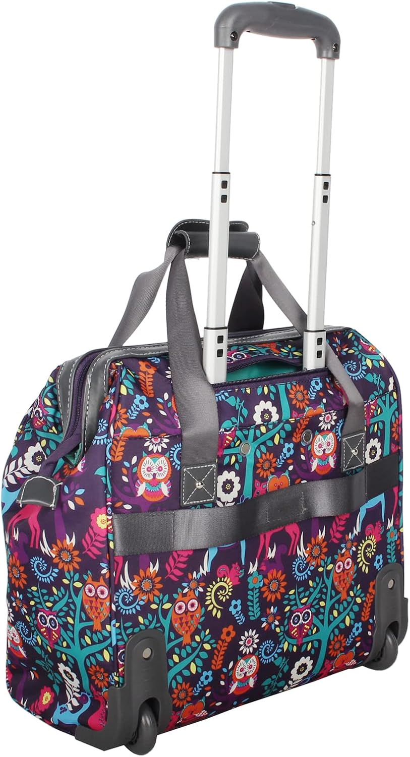 Designer Under the Seat Tote Cabin Luggage Collection - 15 Inch Patterned Carry on Bag For Women - Lightweight Suitcase with 2 Rolling Wheels (Wildwoods)