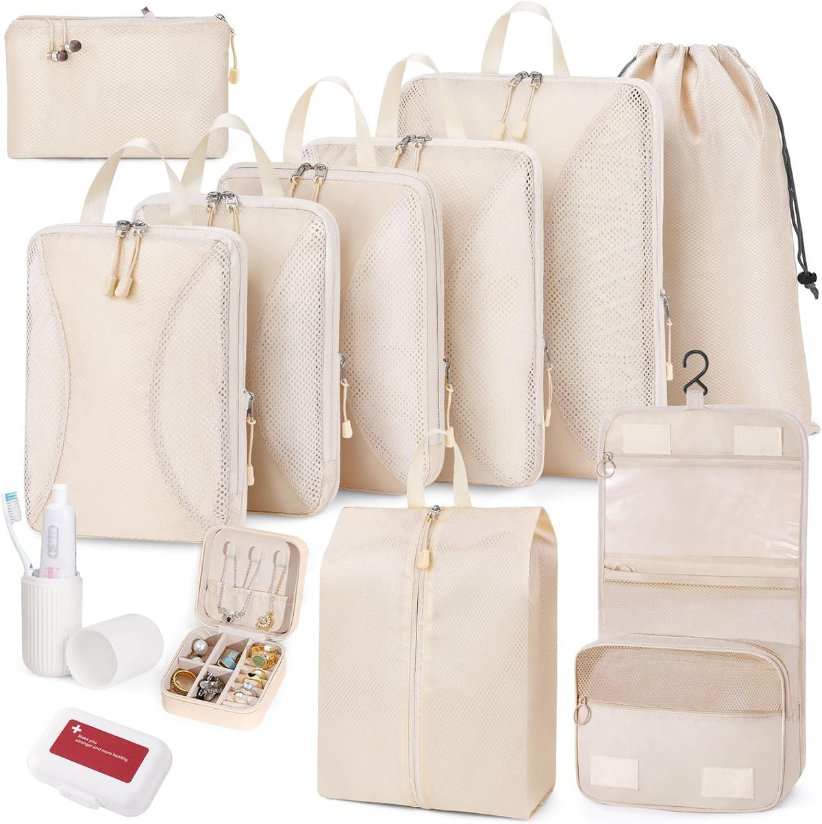 12pc Compression Packing Cubes for Suitcases, Expandable Travel Organizer Bags Set for Luggage, Lightweight Carry On Essentials, Beige