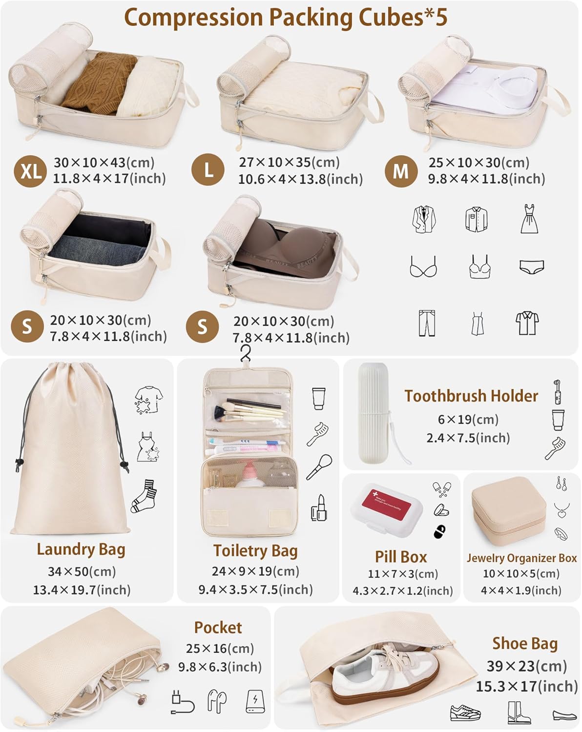 12pc Compression Packing Cubes for Suitcases, Expandable Travel Organizer Bags Set for Luggage, Lightweight Carry On Essentials, Beige