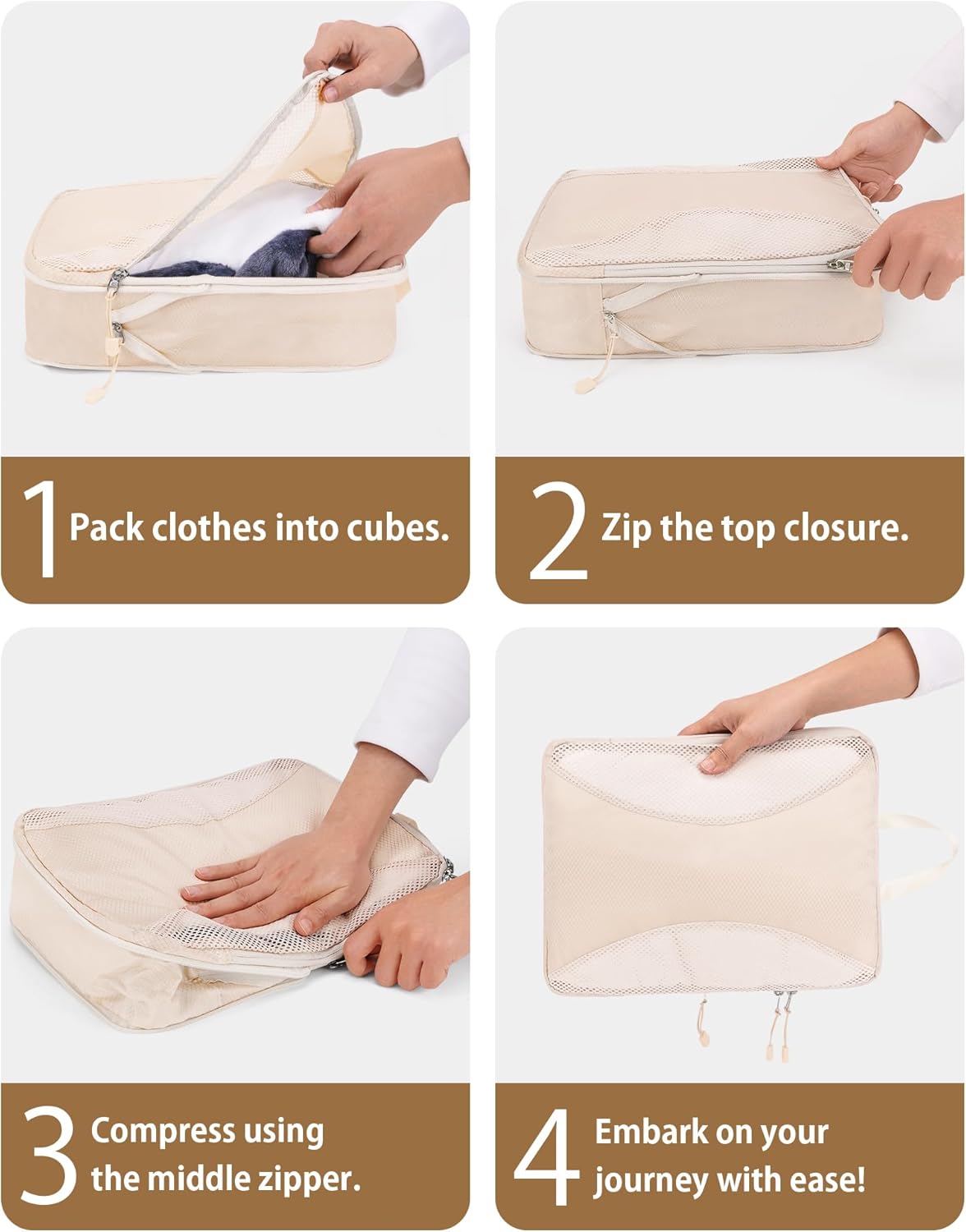 12pc Compression Packing Cubes for Suitcases, Expandable Travel Organizer Bags Set for Luggage, Lightweight Carry On Essentials, Beige