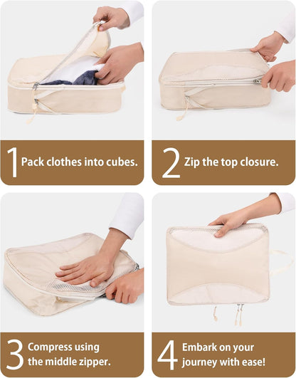 12pc Compression Packing Cubes for Suitcases, Expandable Travel Organizer Bags Set for Luggage, Lightweight Carry On Essentials, Beige