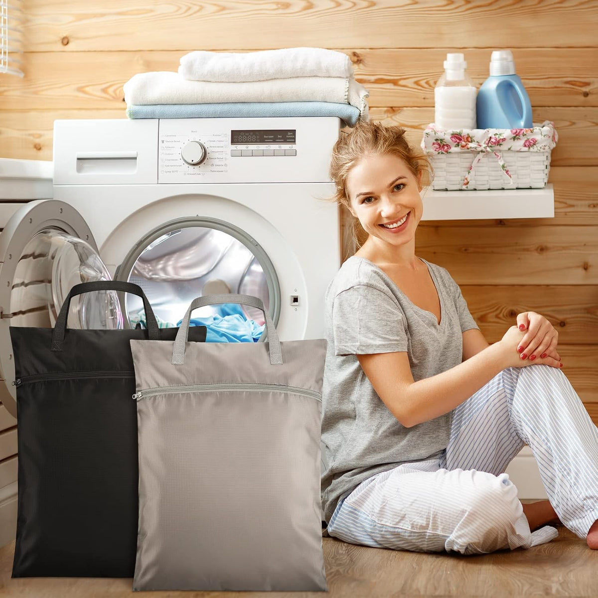 2 Pcs Travel Laundry Bags Waterproof with Handle Dirty Clothes Bag for Traveling Hanging Laundry Hamper with Two Zippered Pockets Washable Reusable for Sports Home Travel College