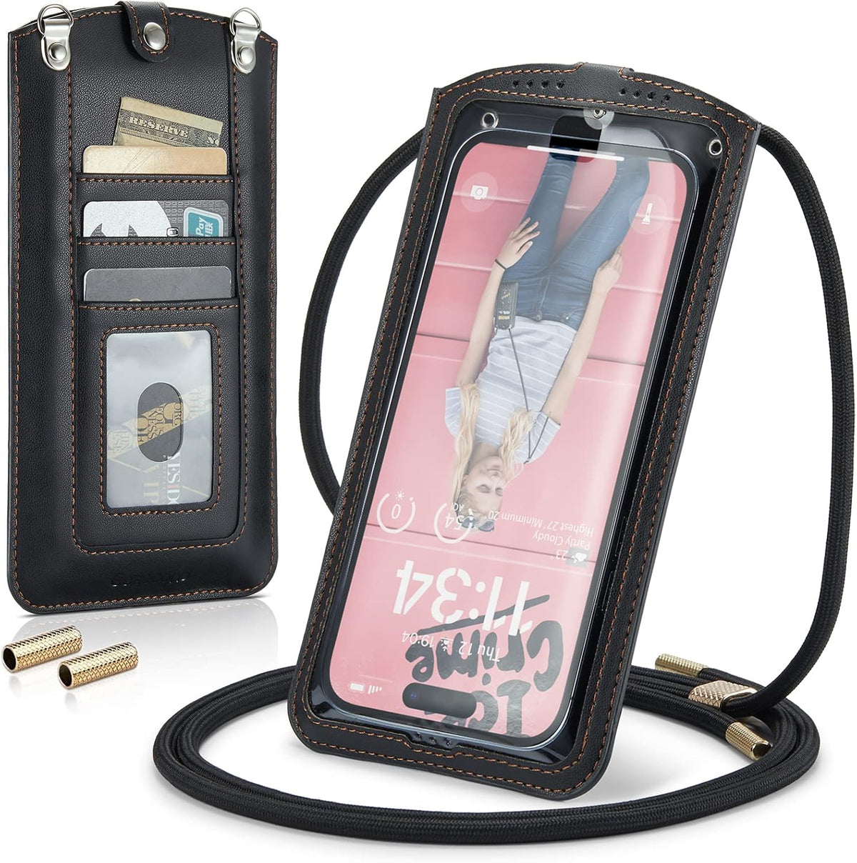 Small Crossbody Bag Cell Phone Purse for Women Men Leather Mini Shoulder Bag Wallet Case with Card Holder Slot Necklace Lanyard for All Phones iPhone Samsung Google up to 7.3" Black