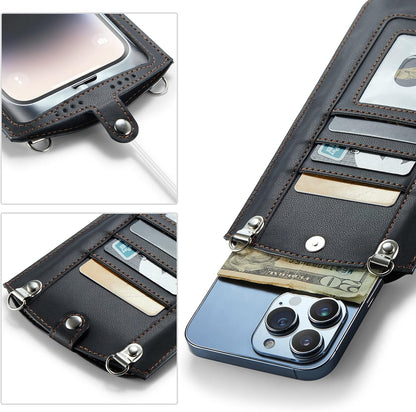 Small Crossbody Bag Cell Phone Purse for Women Men Leather Mini Shoulder Bag Wallet Case with Card Holder Slot Necklace Lanyard for All Phones iPhone Samsung Google up to 7.3" Black