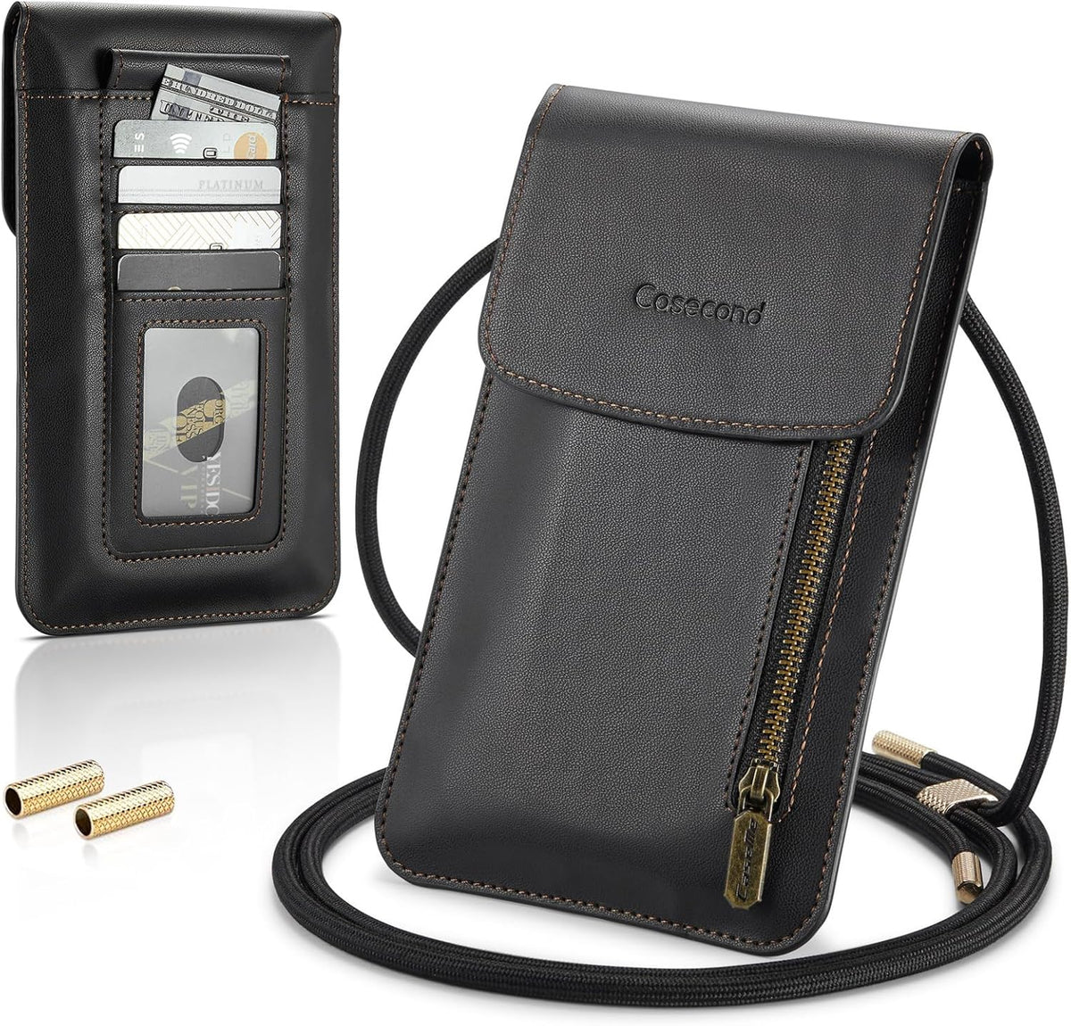 Small Crossbody Bag Cell Phone Purse for Women Men Leather Mini Shoulder Bag Wallet Case with Card Holder Slot Necklace Lanyard for All Phones iPhone Samsung Google up to 7.3" Black