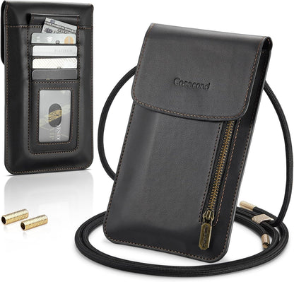 Small Crossbody Bag Cell Phone Purse for Women Men Leather Mini Shoulder Bag Wallet Case with Card Holder Slot Necklace Lanyard for All Phones iPhone Samsung Google up to 7.3" Black
