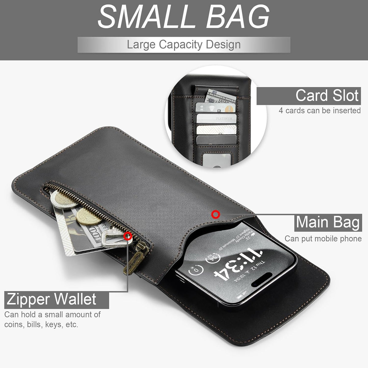 Small Crossbody Bag Cell Phone Purse for Women Men Leather Mini Shoulder Bag Wallet Case with Card Holder Slot Necklace Lanyard for All Phones iPhone Samsung Google up to 7.3" Black