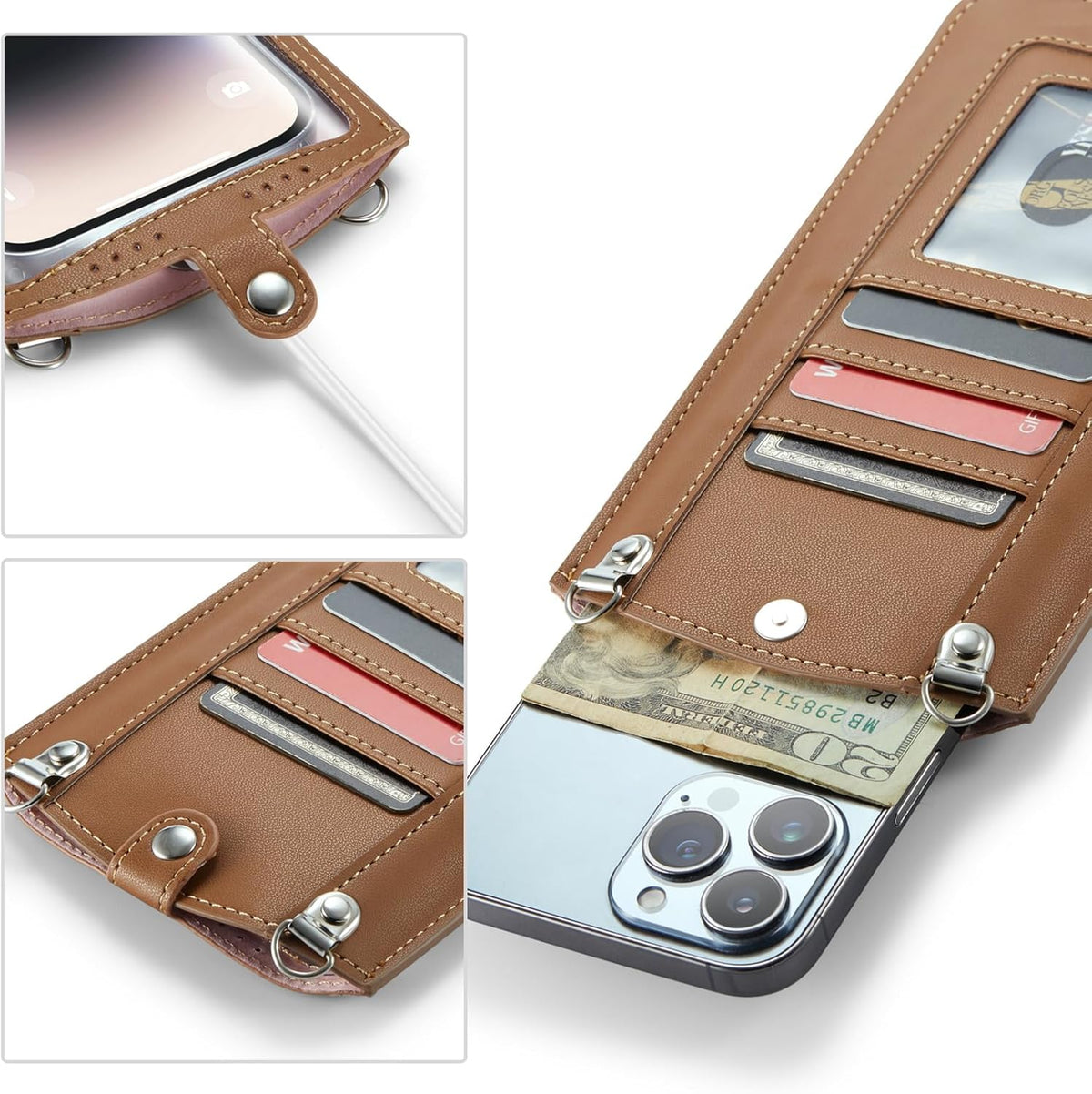 Small Crossbody Bag Cell Phone Purse for Women Men Leather Mini Shoulder Bag Wallet Case with Card Holder Slot Necklace Lanyard for All Phones iPhone Samsung Google up to 7.3" Black