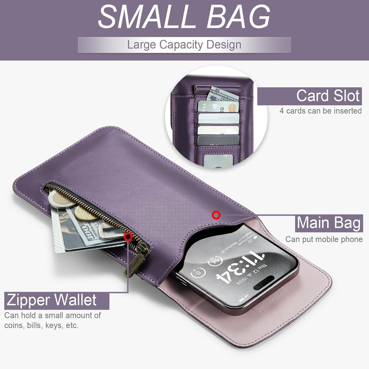 Small Crossbody Bag Cell Phone Purse for Women Men Leather Mini Shoulder Bag Wallet Case with Card Holder Slot Necklace Lanyard for All Phones iPhone Samsung Google up to 7.3" Black