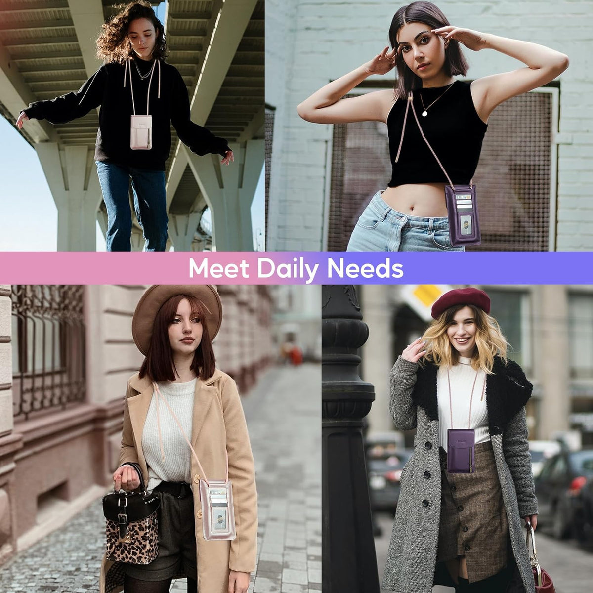 Small Crossbody Bag Cell Phone Purse for Women Men Leather Mini Shoulder Bag Wallet Case with Card Holder Slot Necklace Lanyard for All Phones iPhone Samsung Google up to 7.3" Black
