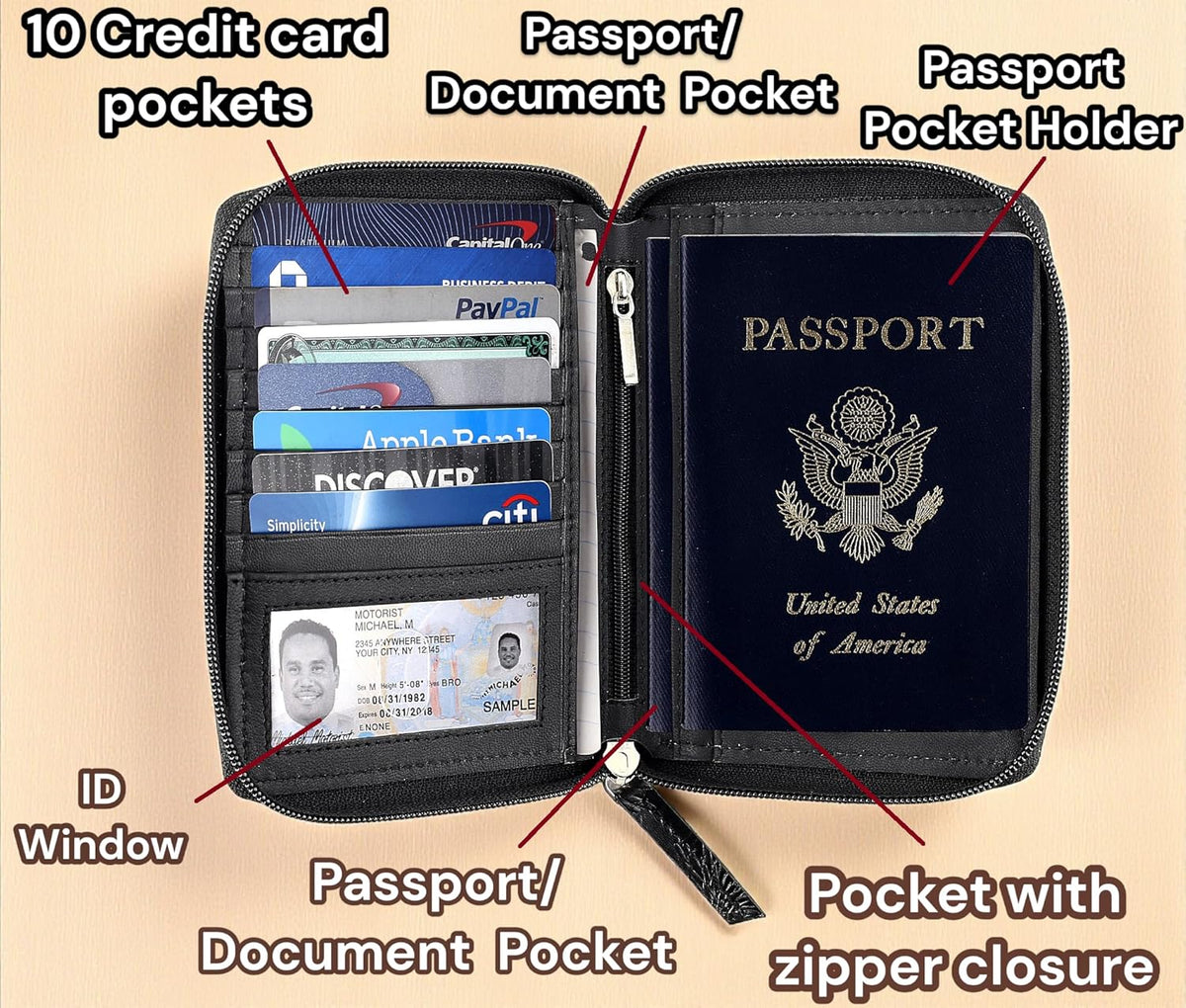 Passport Wallet - Travel Document Holder w/RFID Blocking – Full Grain Leather – Bifold compact zip around Wallet with Credit Card Slots for Women and Men, black, 500-90