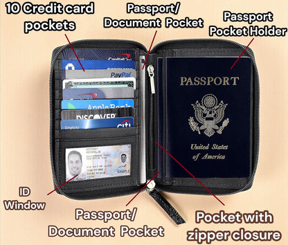 Passport Wallet - Travel Document Holder w/RFID Blocking – Full Grain Leather – Bifold compact zip around Wallet with Credit Card Slots for Women and Men, black, 500-90