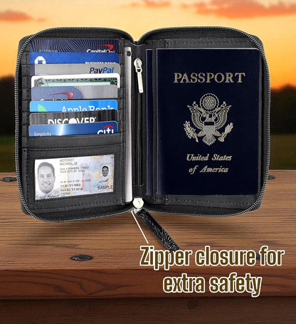 Passport Wallet - Travel Document Holder w/RFID Blocking – Full Grain Leather – Bifold compact zip around Wallet with Credit Card Slots for Women and Men, black, 500-90