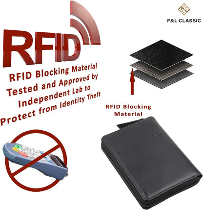 Passport Wallet - Travel Document Holder w/RFID Blocking – Full Grain Leather – Bifold compact zip around Wallet with Credit Card Slots for Women and Men, black, 500-90