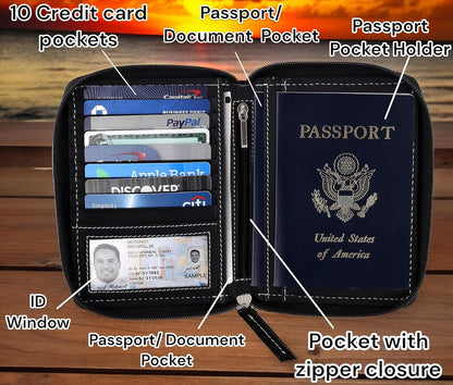 Passport Wallet - Travel Document Holder w/RFID Blocking – Full Grain Leather – Bifold compact zip around Wallet with Credit Card Slots for Women and Men, black, 500-90