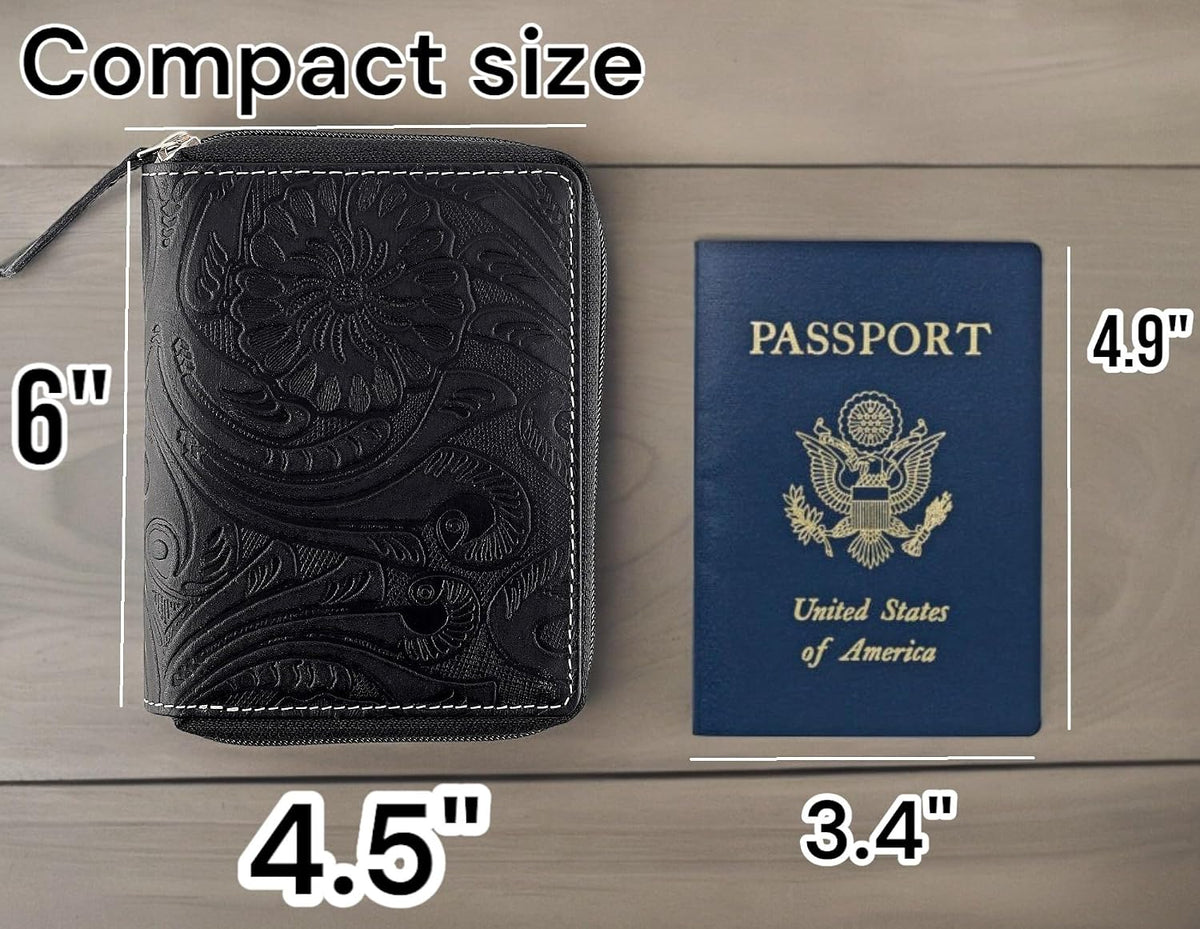 Passport Wallet - Travel Document Holder w/RFID Blocking – Full Grain Leather – Bifold compact zip around Wallet with Credit Card Slots for Women and Men, black, 500-90