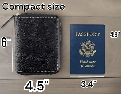 Passport Wallet - Travel Document Holder w/RFID Blocking – Full Grain Leather – Bifold compact zip around Wallet with Credit Card Slots for Women and Men, black, 500-90